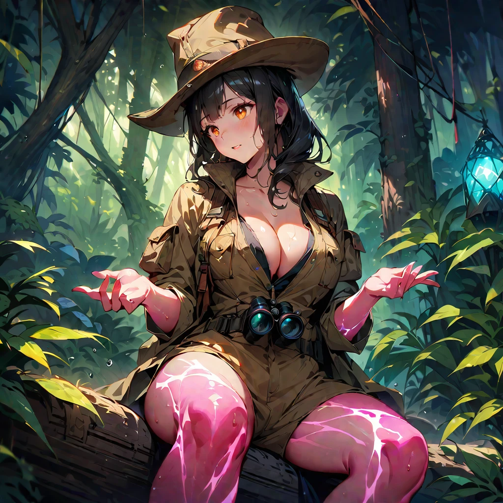 Young beautiful woman,(Highest quality,Extremely detailed depiction,Incredibly absurd high resolution,Anatomically accurate depiction,Nice hands, Perfect Fingers,Curvy Legs),(Glowing Skin,Shiny skin,Sweat),Explorer's attire,Explorer's Hat,There is cleavage in the chest,binoculars,background:jungle,animal,Fantasy