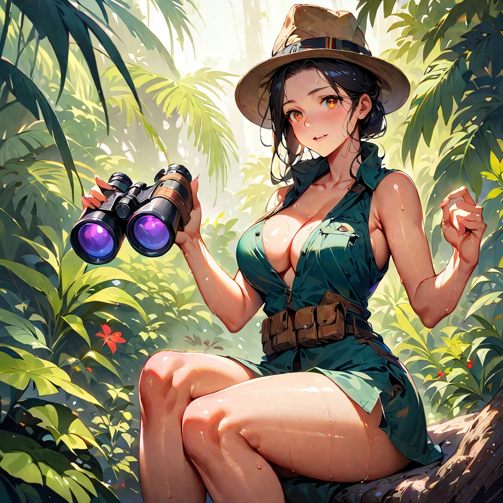 Young beautiful woman,(Highest quality,Extremely detailed depiction,Incredibly absurd high resolution,Anatomically accurate depiction,Nice hands, Perfect Fingers,Curvy Legs),(Glowing Skin,Shiny skin,Sweat),Explorer's attire,Explorer's Hat,There is cleavage in the chest,binoculars,background:jungle,animal,Fantasy