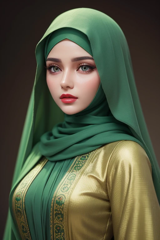 Miniature model of a Woman She wears Islamic clothes with the Islamic hijab ,high face quality,green eyes, red lips,perfect face, Ultra-realism, Details, 8K, High quality, Full HD