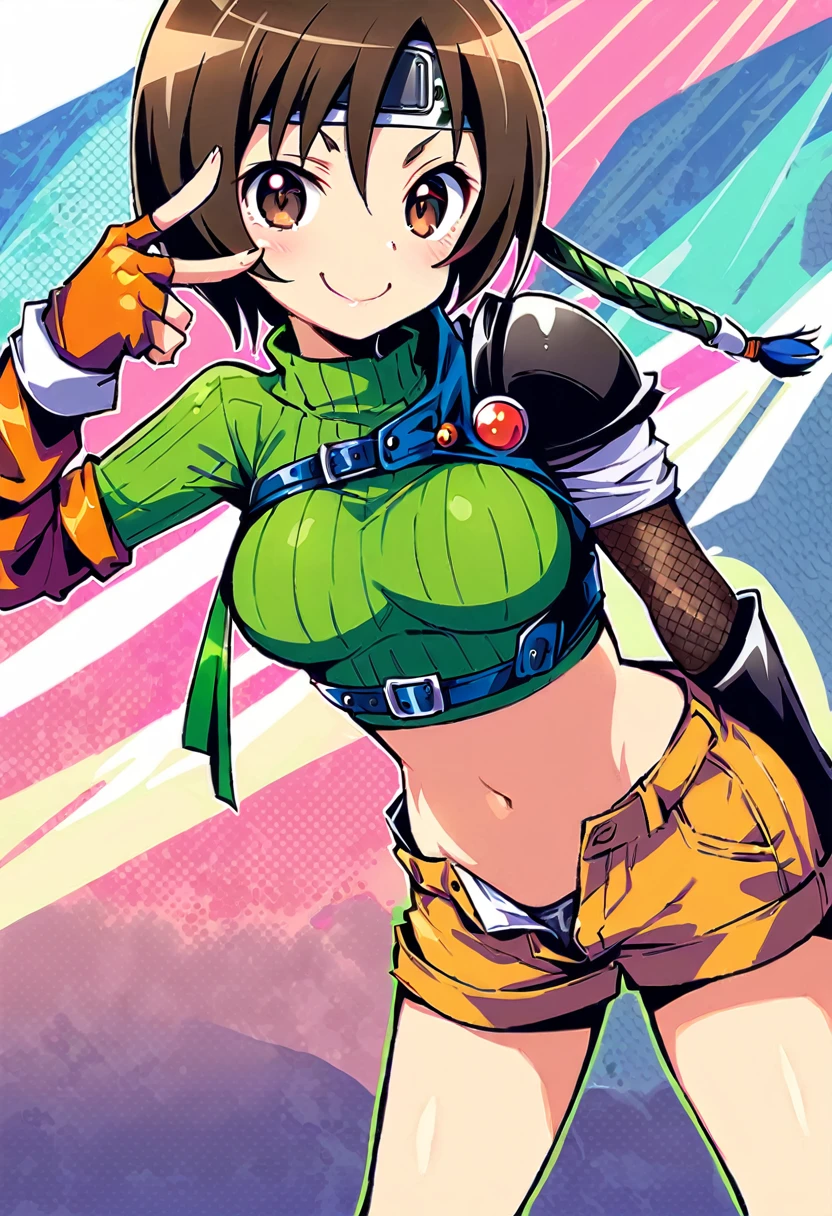 score_9, score_8_up, score_7_up,,BREAK , top angle:1.3.,mediumshot,(Standing pose),soro focus,1girl, yuffie kisaragi, final fantasy, short hair,headband,navel,sleeveless,turtleneck,brown eyes,sleeveless turtleneck,solo,breasts,looking at viewer,smile,gloves,crop top,brown hair,shorts,midriff,,sweater,open fly,armor,fingerless gloves,ribbed sweater,medium breasts,,smile,smug,best quality,aesthetic,very aesthetic,masterpiece,high-resolution, (Proportion).,v-over eye