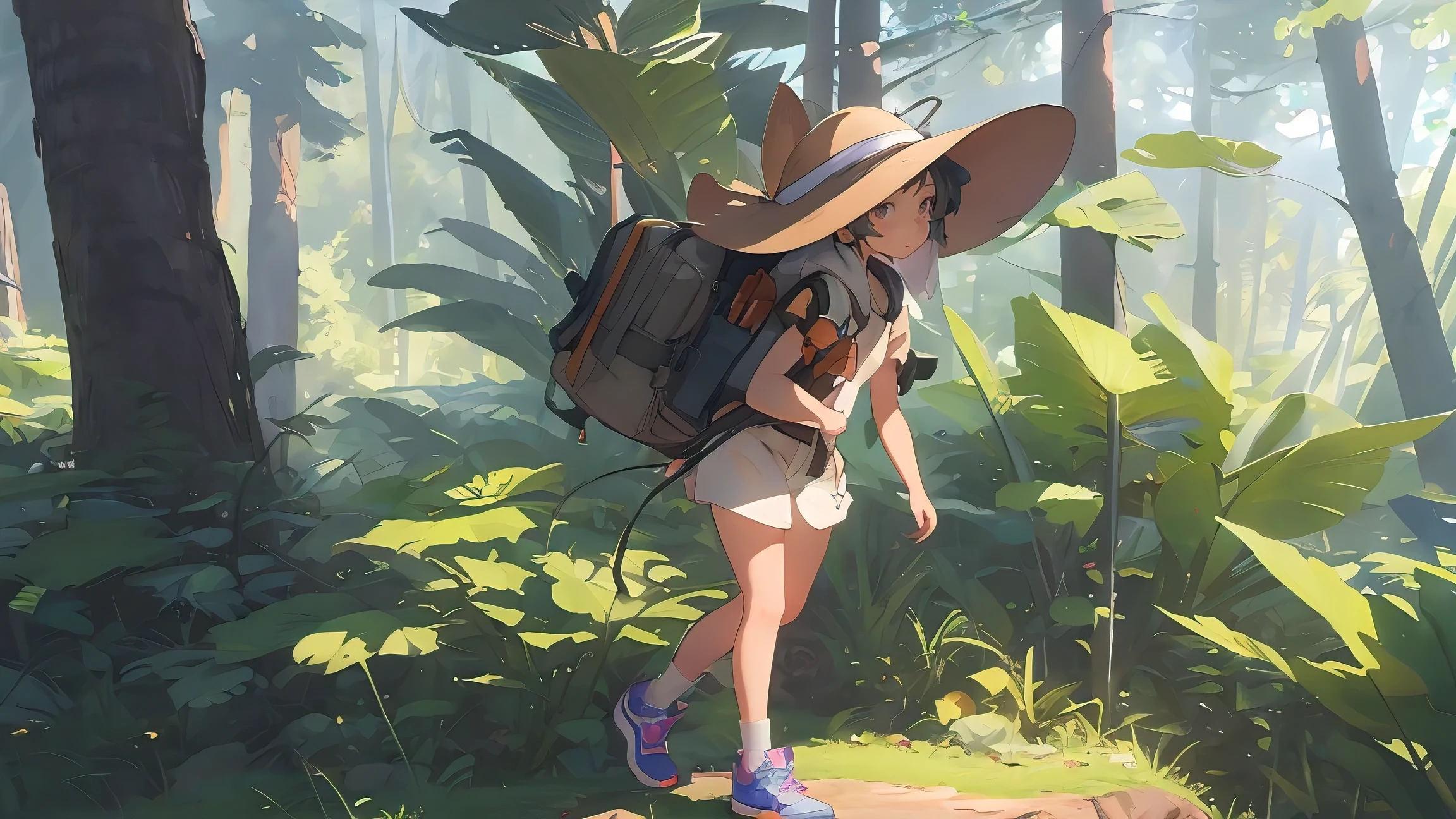 There is a poster with a cartoon character in a hat and backpack, female explorer mini cute girl, walking in the wilderness, flower jungle, animation style rendering, cute 3 D rendering, small characters. Unreal Engine 5, stylized anime, cute detailed digital art, Atey Ghailan 8 K, stylized 3D rendering, adventure surreal rendering, anime style 3D, 3D rendering stylized