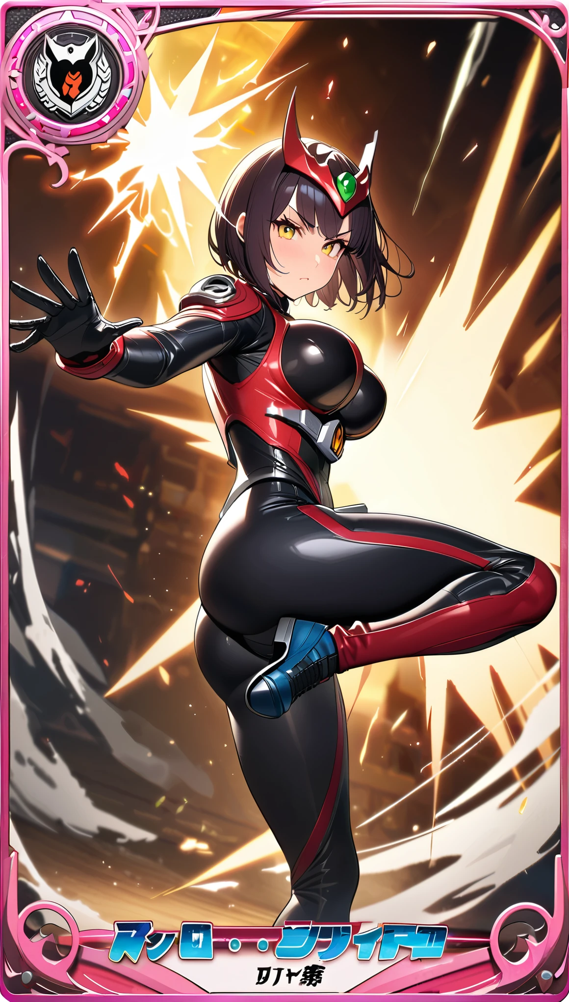 (masterpiece:1.2,Highest quality,Highest quality,High resolution,Very detailed),8k,1 female,Mature female heroine,((Female Kamen Rider)),(dynamic fighting pose:1.5),(Dynamic hair movement:1.2),(short hair),(Kamen Rider Helmet:1.3),(Shiny Kamen Rider Suit:1.3),(Glowing Skin,Big eyes,Droopy eyes,Long eyelashes,Beautiful thighs,Beautiful Hair,Beautiful Face,Beautiful Eyes,Beautiful body,Beautiful breasts,Beautiful feet,Beautiful fingers),((hands)),((Rider Kick:1.6)),(Serious),(The background is Prism Flash),((Beautiful trading cards,Gold Card)),((KuugaUltimater))