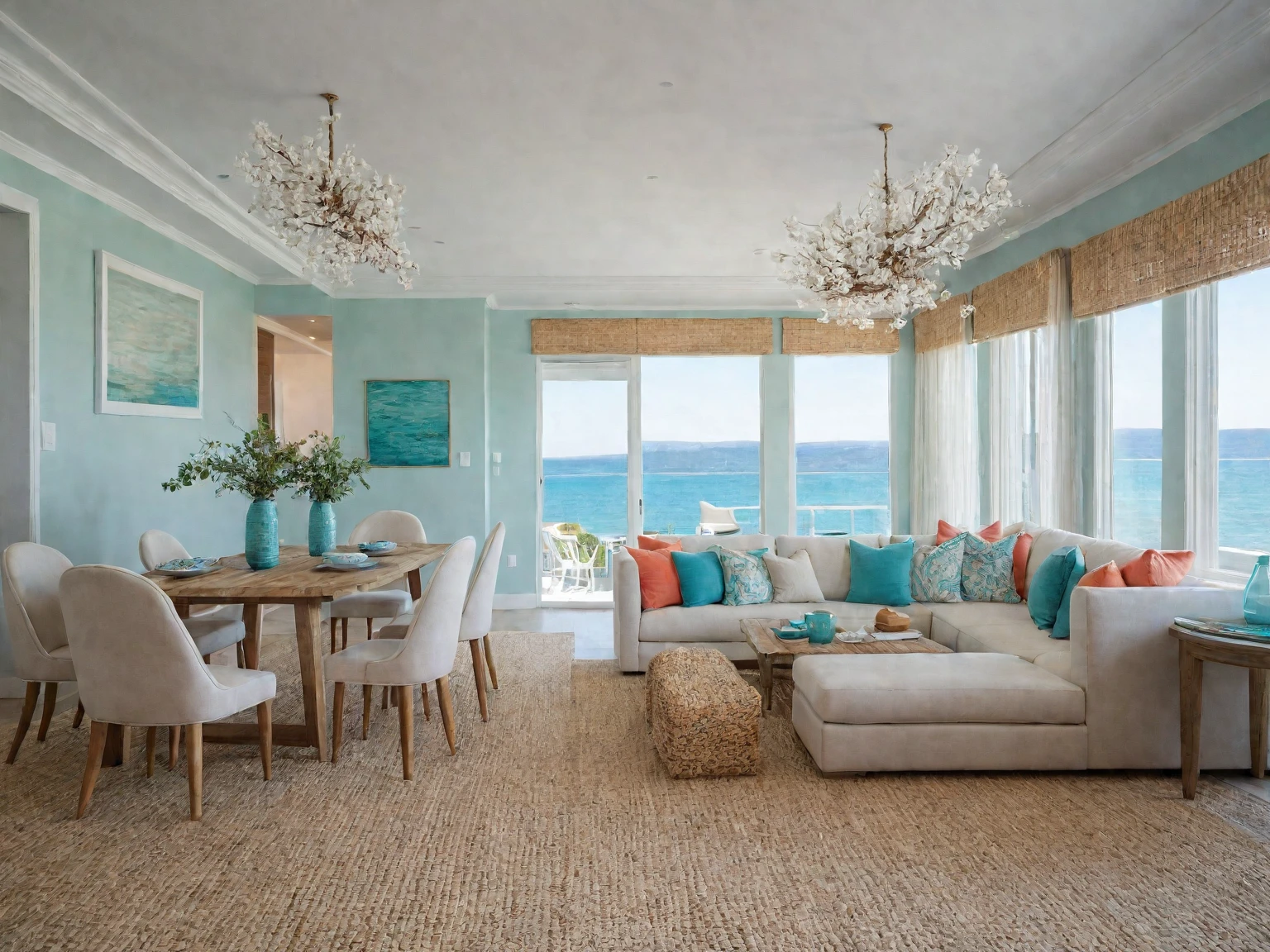 Raw photo, Masterpiece, high quality, best quality, authentic, super detail, ((Coastal)), A palette of whites, blues, and sandy beiges creates a breezy atmosphere, Accents of turquoise, coral, or seafoam green can add a touch of vibrancy, Natural materials like wood and woven textures further enhance the coastal feel,
indoors, living room style modern, ceiling lights, chandeliers, sofas with coffee table, pillows, a rug placed under the couch, flower vases on the dining table and coffee table, painting on the rear wall, cream curtain walls, vivid color,