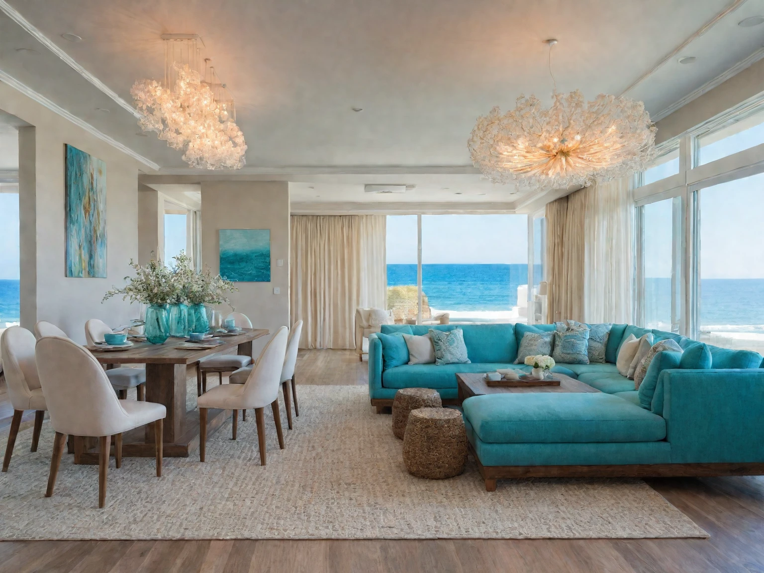 Raw photo, Masterpiece, high quality, best quality, authentic, super detail, ((Coastal)), A palette of whites, blues, and sandy beiges creates a breezy atmosphere, Accents of turquoise, coral, or seafoam green can add a touch of vibrancy, Natural materials like wood and woven textures further enhance the coastal feel,
indoors, living room style modern, ceiling lights, chandeliers, sofas with coffee table, pillows, a rug placed under the couch, flower vases on the dining table and coffee table, painting on the rear wall, cream curtain walls, vivid color,