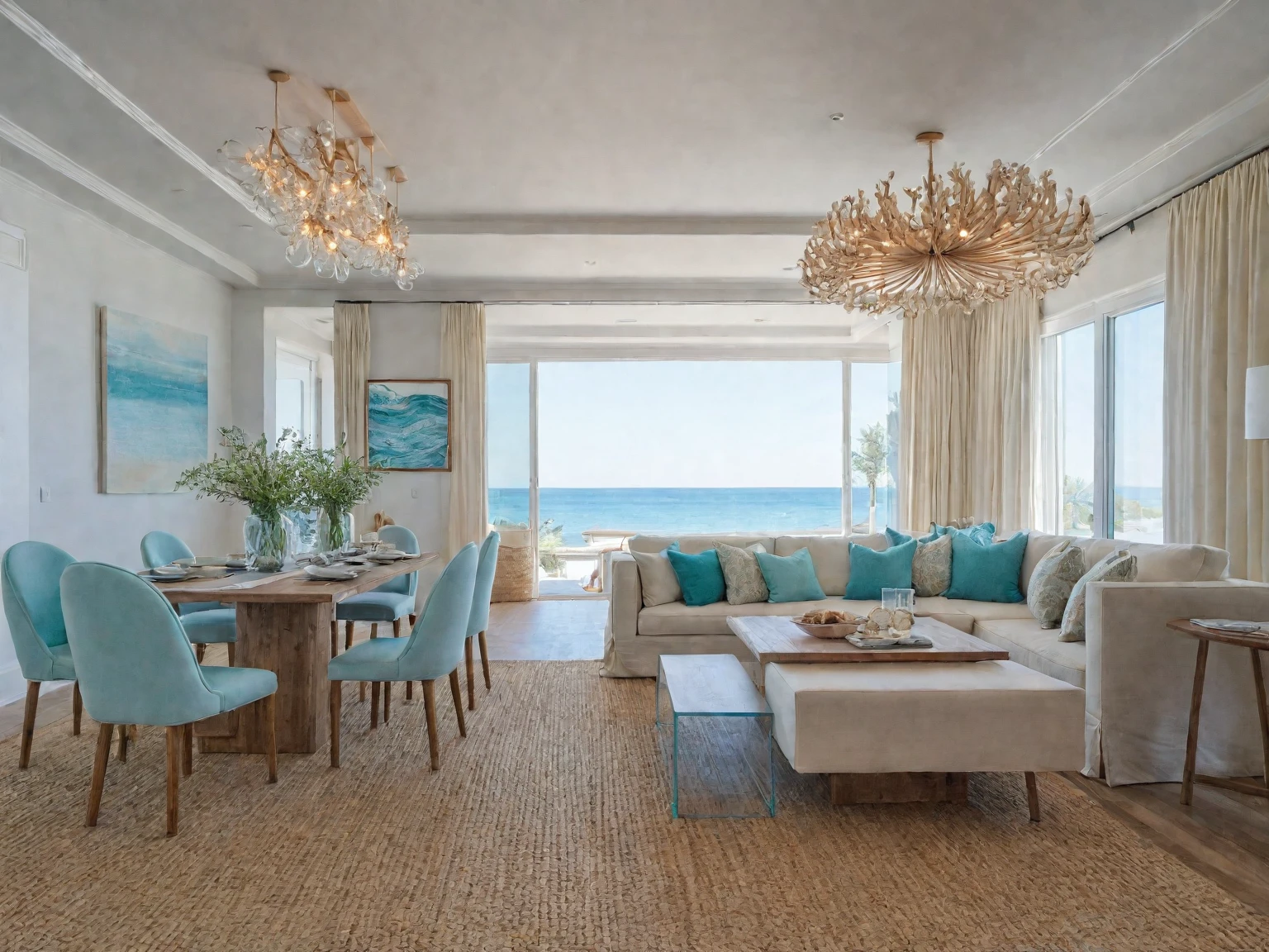 Raw photo, Masterpiece, high quality, best quality, authentic, super detail, ((Coastal)), A palette of whites, blues, and sandy beiges creates a breezy atmosphere, Accents of turquoise, coral, or seafoam green can add a touch of vibrancy, Natural materials like wood and woven textures further enhance the coastal feel,
indoors, living room style modern, ceiling lights, chandeliers, sofas with coffee table, pillows, a rug placed under the couch, flower vases on the dining table and coffee table, painting on the rear wall, cream curtain walls, vivid color,