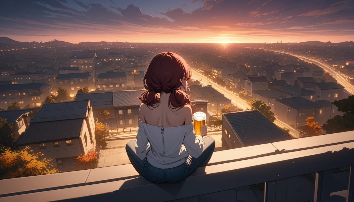 (masterpiece:1.2, Best Quality), (finely detailed beautiful eye: 1.2), (beautiful detailed face), High contrast, (Best Illumination, extremely delicate and beautiful), ((Cinematic Light)), Highest Quality, masterpiece, light particles, Best quality, masterpiece, from behind, stoic young woman with gray eyes drinking beer while sitting on balcony and looking out at city, dark red hair in low twin tails, swept bangs, side bangs, strapless white shirt with zipper, jeans, toned arms, small breasts, creek, outdoors, autumn, dusk, lights, tropical, clouds,teal buildings, white steps, fence, road, people in background, falling leaves,