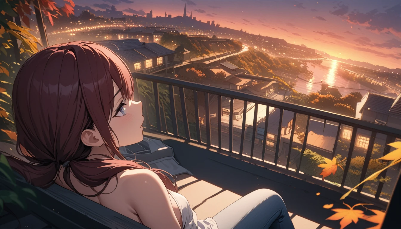 (masterpiece:1.2, Best Quality), (finely detailed beautiful eye: 1.2), (beautiful detailed face), High contrast, (Best Illumination, extremely delicate and beautiful), ((Cinematic Light)), Highest Quality, masterpiece, light particles, Best quality, masterpiece, from behind, stoic young woman with gray eyes drinking beer while sitting on balcony and looking out at city, dark red hair in low twin tails, swept bangs, side bangs, strapless white shirt with zipper, jeans, toned arms, small , creek, outdoors, autumn, dusk, lights, tropical, clouds,teal buildings, white steps, fence, road, people in background, falling leaves, 