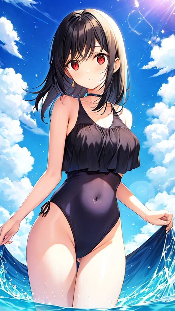 Swimsuit　Straight black hair　22 years old　Adult sister　Great style　Directly facing　universe space