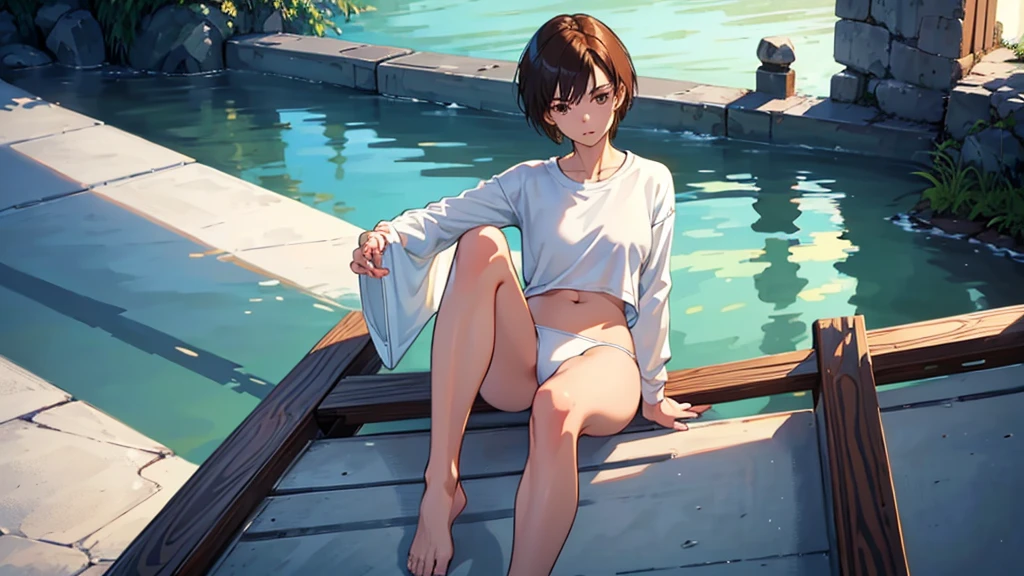 beautiful girl, slender, boyish, handsome short hair, brown hair, (wear a white long-sleeved T-shirt), (white bikini panties) , Perfect hands, Perfect body, reclining, leaning back, leg up, (bare foot), ((looking away)), relaxing, seduction, room, midnight, ((Exquisite detail)), Very finely crafted fingers(((10 fingers))), (full body showcase), (Show your whole body), (No logos on background), (No logo), ( from below),