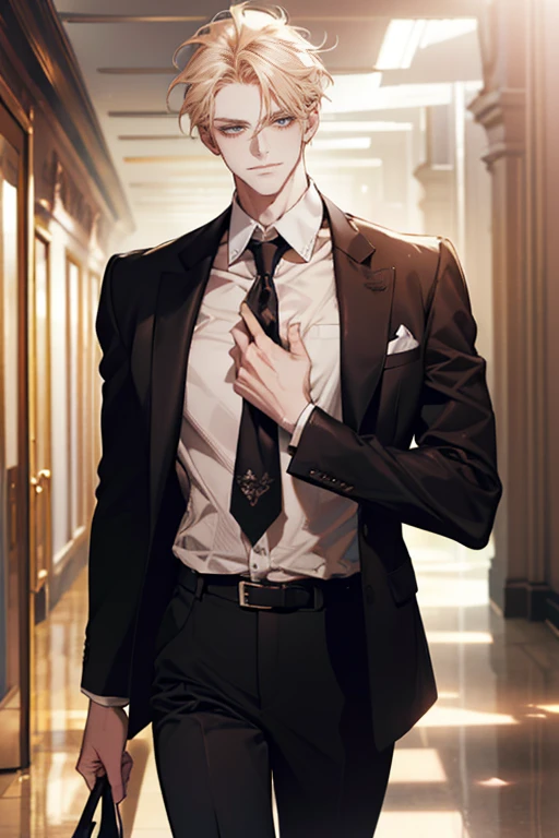 (tmasterpiece, high resolution, ultra - detailed:1.0), (1 boy, Young male, masculine face), Perfect male body, tall and strong, Adult male, Delicate eyes and delicate face, Extremely detailed CG, Unity 8k wallpaper, Complicated details, Detailed face, (blond hair, messy hair, serious faces, white shirts,Bad students), (frown,evil smile:1.3), stad in school corridor, street style, color difference, Depth of field, dramatic shadow, Ray tracing, Best quality, Cinematic lighting, offcial art,Portrait