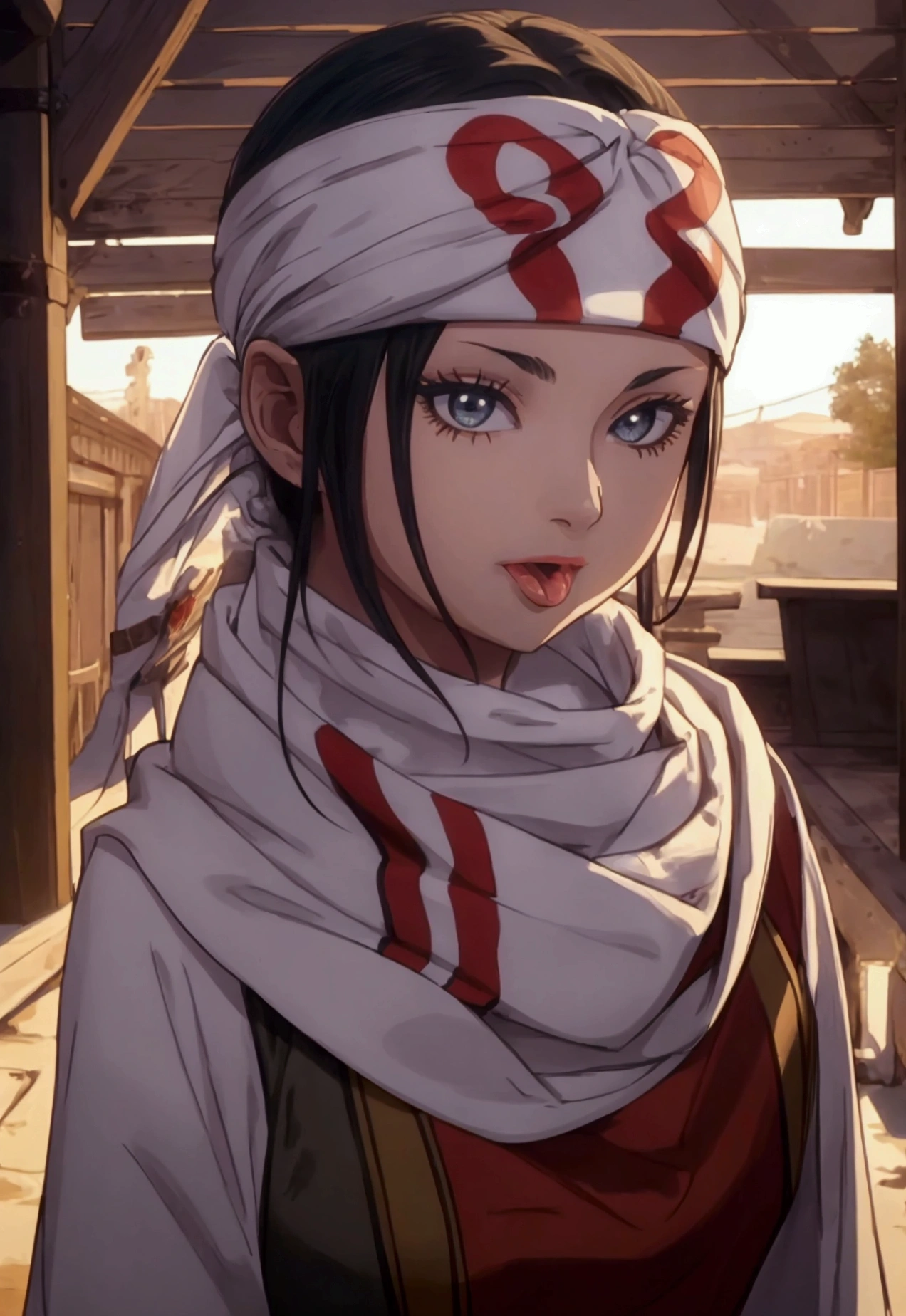 1girl tongue out of mouth beautiful girl standing tongue out cowl bandana on forehead licking lips