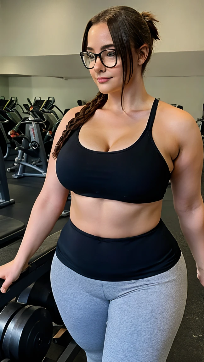 Plus size woman in gym, wearing glasses