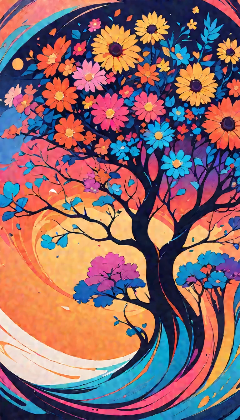 Super nice background,clean background,abstract painting,Vibrant colors,floral ornament,under the sun,trees