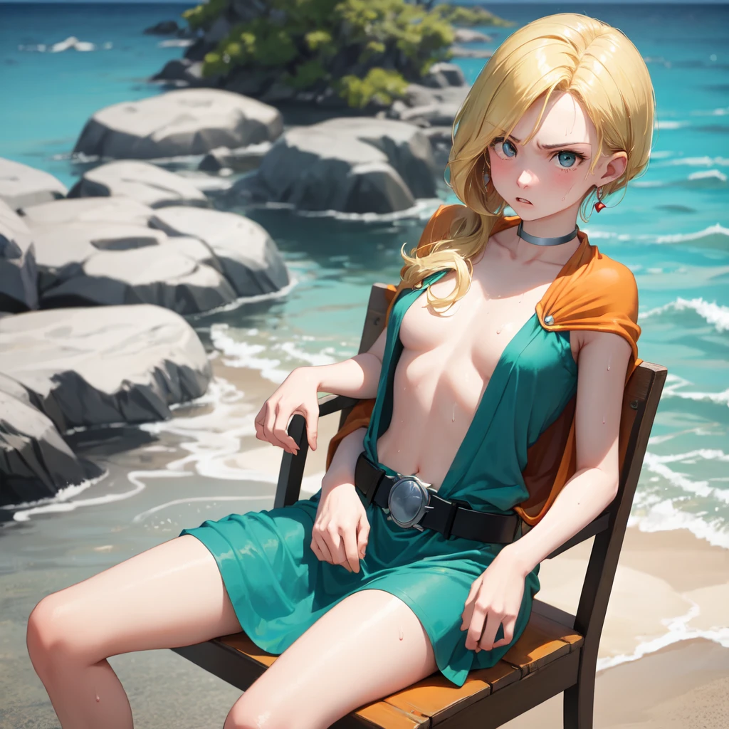 masterpiece, Highest quality, DQ Bianca, Single Blade, Earrings, choker, Orange Cape, Green Dress, belt, Small breasts, Sitting, Upper Body, Leg spread, Chest, Turn your body forward, hot, Sweating a lot, Wipe away sweat, looking at the camera, Ocean辺, Ocean, Chair, angry