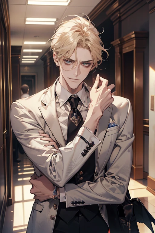 (tmasterpiece, high resolution, ultra - detailed:1.0), (1 boy, Young male, masculine face), Perfect male body, tall and strong, Adult male, Delicate eyes and delicate face, Extremely detailed CG, Unity 8k wallpaper, Complicated details, Detailed face, (blond hair, messy hair, serious faces, white shirts,Bad students), (frown,evil smile:1.3), stad in school corridor, street style, color difference, Depth of field, dramatic shadow, Ray tracing, Best quality, Cinematic lighting, offcial art,Portrait