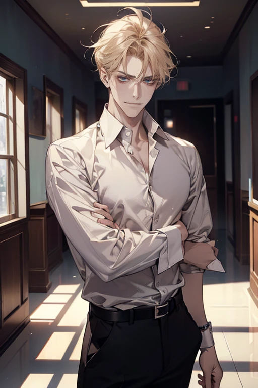 (tmasterpiece, high resolution, ultra - detailed:1.0), (1 boy, Young male, masculine face), Perfect male body, tall and strong, Adult male, Delicate eyes and delicate face, Extremely detailed CG, Unity 8k wallpaper, Complicated details, Detailed face, (blond hair, messy hair, serious faces, white shirts,Bad students), (frown,evil smile:1.3), stad in school corridor, street style, color difference, Depth of field, dramatic shadow, Ray tracing, Best quality, Cinematic lighting, offcial art,Portrait