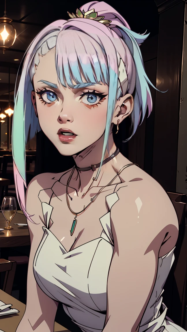 anime style, drawing, absurd、Ideal Anatomy、Lucy、wear a luxurious dress , hair ornament, NECKLACE, Jewelry, restaurant scene, masterpiece, RAW-фотография, 8 K, top quality, Small pores, photorealistic, Ultra detailed, (high skin detail:1.2),extremely detailed,difficult, Sharp Focus