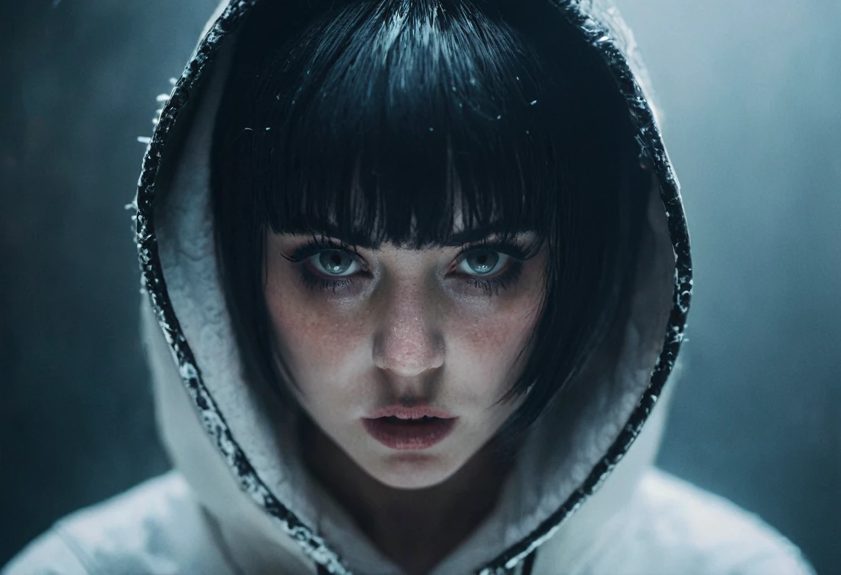 (Best Quality,hight resolution,Masterpiece, full body view:1.2),Ultra-detailed,demon woman,dressed in black hoodie and white panties,sickly,standing in a horror sci fi scenario,horror sci fi aesthetic,gloomy ecstasy,fetish,dark gloomy atmosphere,gritty texture,Retro-atmosphere,warped reality,melancholic expression on his face,mysterious aura,foggy atmosphere,foggy background,Subtle color palette,provocative pose,Strong emotions,Coming Out of the Depths of Despair,Piercing gaze,intense shadows,Plunged in Darkness,dark industrial aesthetic,ominous vibe,A supernatural sensation,Loss of Place in Time and Space,Eerie silence.asymmetrical bangs, freckles, white short hair, Bangs, freckles, gray eyes,