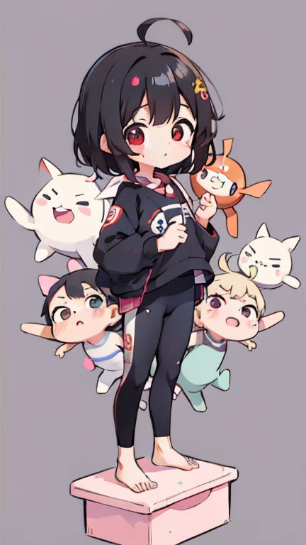 Kokeshi　Primary school students　Young Girl　Little Girl　Height: 130cm　Standing picture Simple design　Black hair okata　Hair is black　Red eyes　Shoulder-baring ahoge　Kokeshi　Deformation　Mini character　Confused eyes　Pitch Resuit　Perfect fitスーツ　Perfect fit　Yoga Suit
