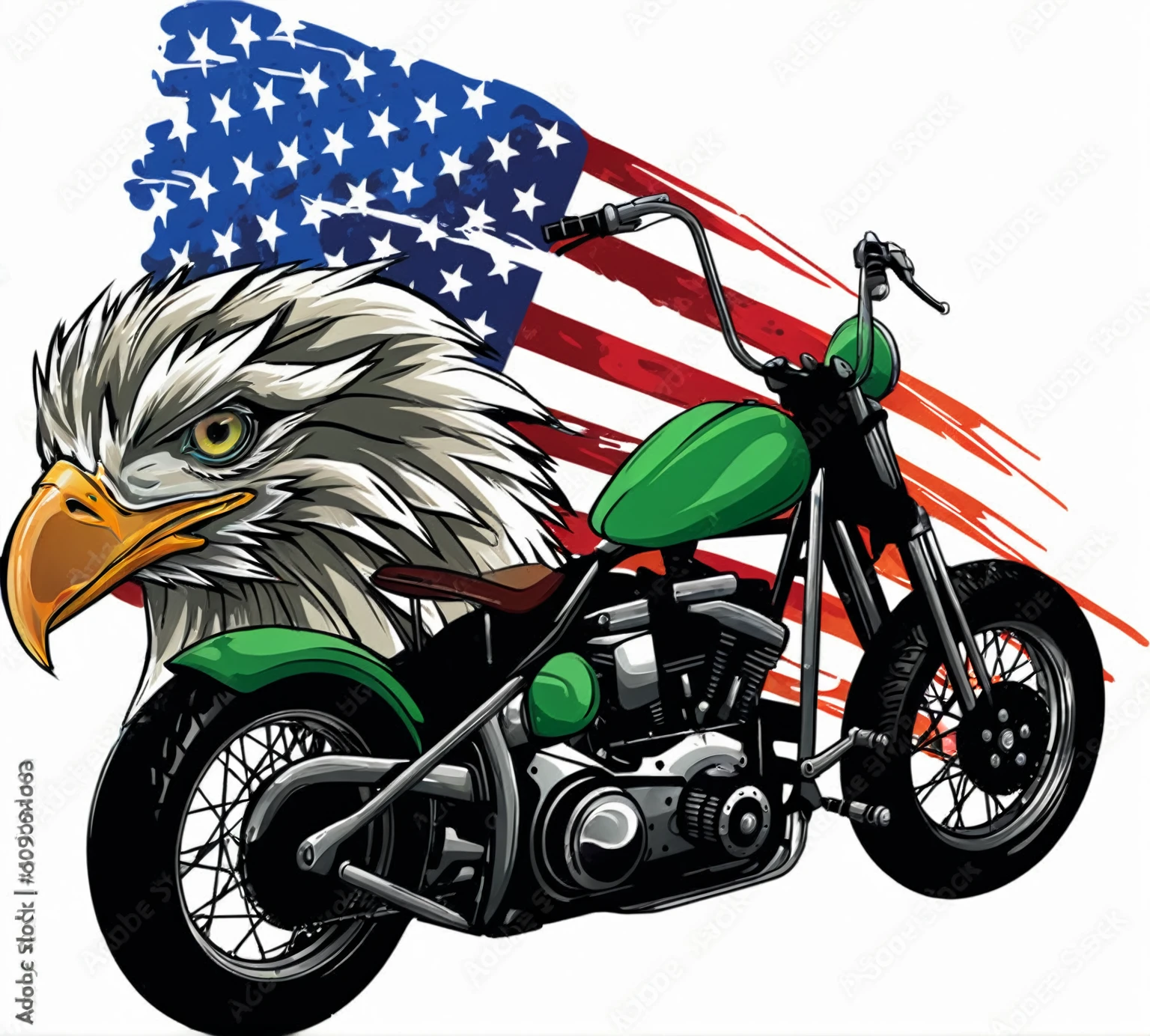 motorcycle with American flag and eagle head, HD illustration, cartoon style illustration, with an eagle emblem, motorcycle, Harley Davidson motorbike, patriot, motorcycle concept art, motorcyclist, America, Harley Davidson, highly detailed vector art, highly detailed illustration.”, stylized digital illustration, hd vector art, cartoon illustration, vector illustration, colorful illustration, stock illustration, colorful digital illustration