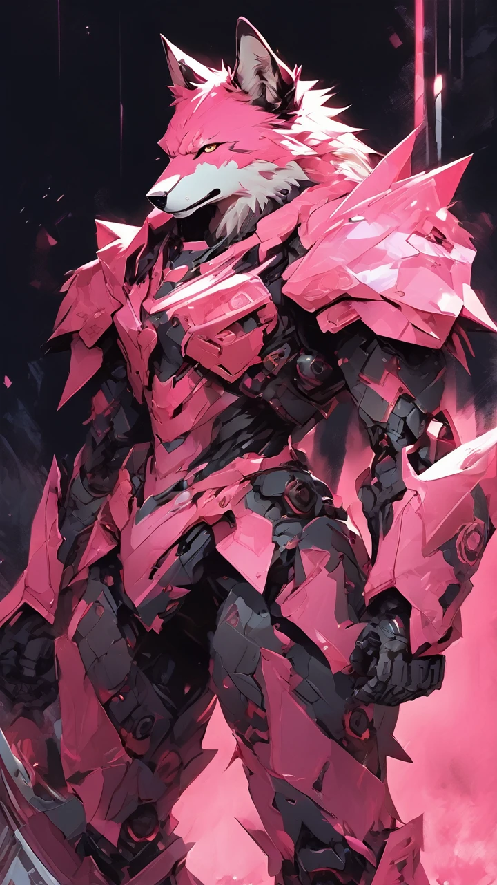 a wolf in the dark, mecha, armor, matte pink angular armor, pink style, pink fur, anime style, furry