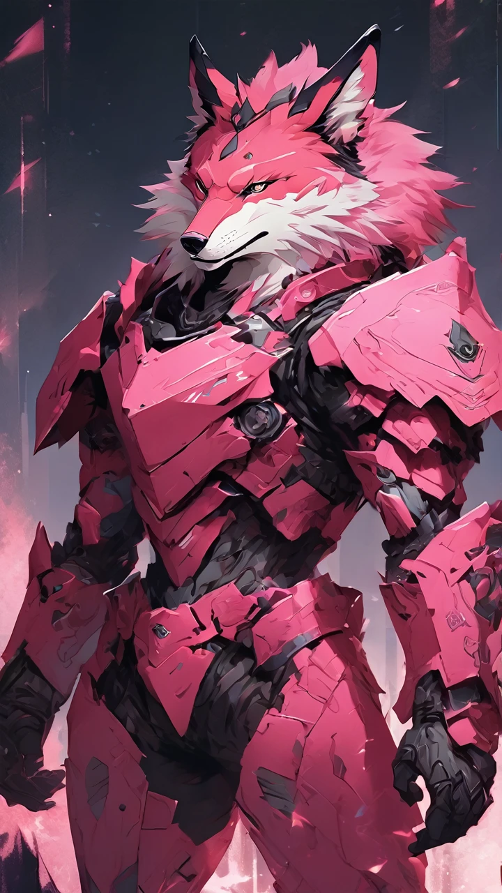 a wolf in the dark, mecha, armor, matte pink angular armor, pink style, pink fur, anime style, furry