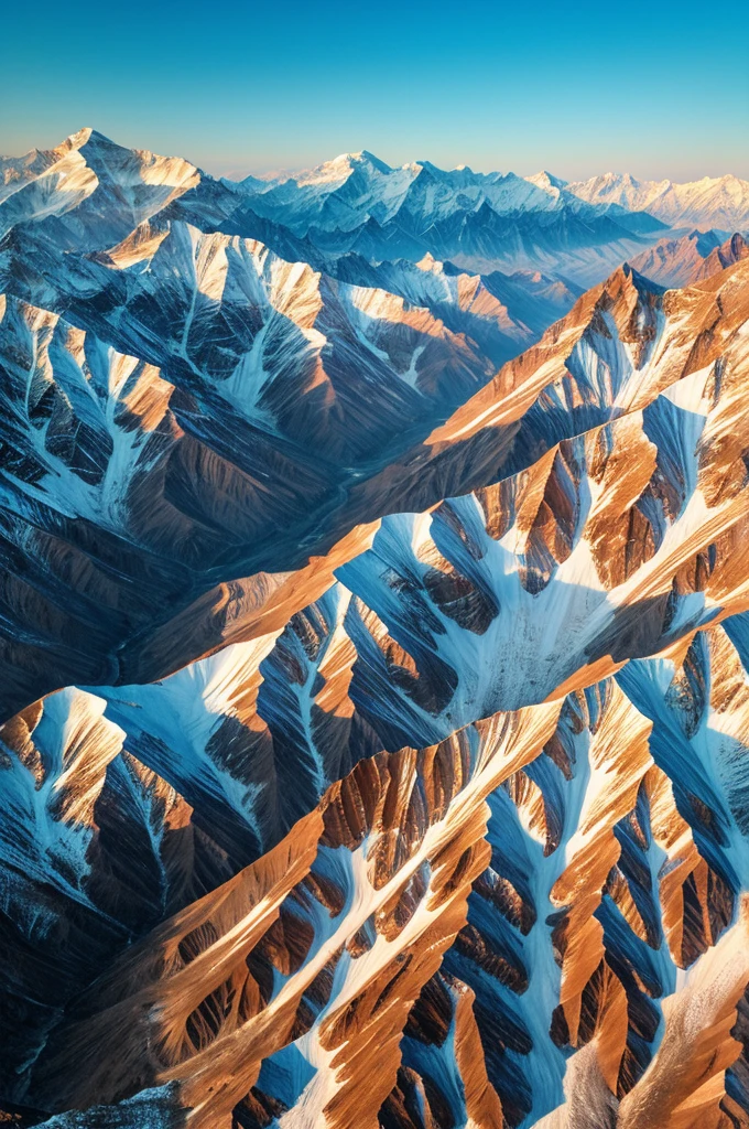 Soar above the snow-capped peaks of the Himalayas, where a majestic, golden eagle soars overhead, as the sun rises over the rugged, granite landscape, casting a warm, golden light