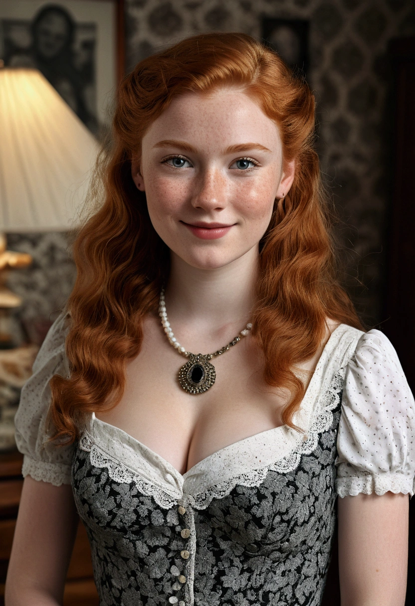 a woman, Irish, 20 years old, ginger semi wavy hair, by the wide, big breasts, some freckles on the breasts, grey eyes, in a room with retro decoration., (wearing a vintage dress and matching accessories, Black and white photographs and antique objects add a nostalgic touch..), Very detailed, 21 years, innocent face, High resolution, masterpiece, Best Quality, intricate details, Very detailed, sharpness, detailed skin, realist skin texture, texture, detailed eyes, professional, 4k, charming smile, shot with cannon, 85mm, shallow depth of field, Kodak Vision Color, perfectly fitted body, extremely detailed, Photo_(ultra), Photorealist, realist, Post treatment, maximum details, roughness, real life, ultra realist, photorealism, photography, 8k uh, photography.