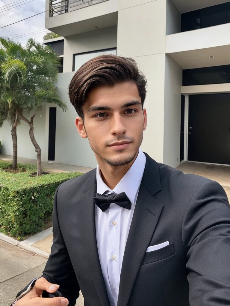 22-year-old Brazilian man in a suit with his hand in his pocket, short hair without beard, no quarto selfie 🤳🏽 realista, and great quality