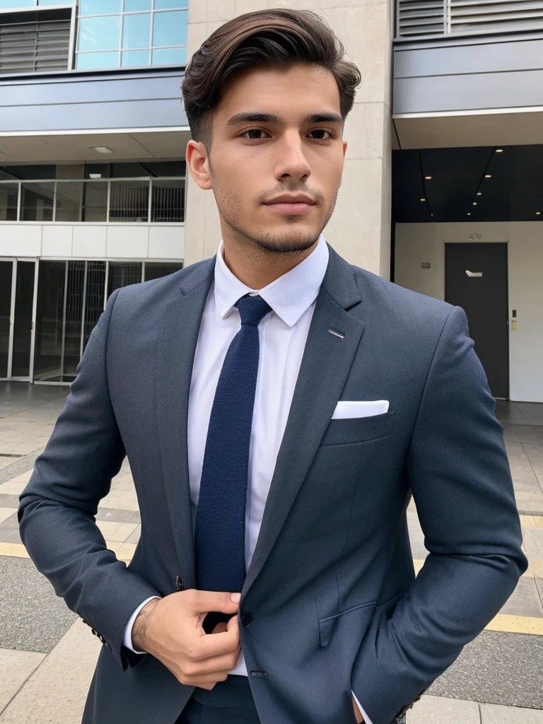 22-year-old Brazilian man in a suit with his hand in his pocket, short hair without beard, no quarto selfie 🤳🏽 realista, and great quality