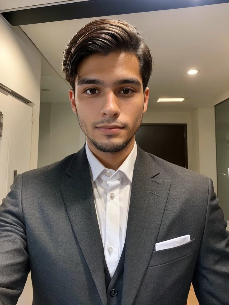 22-year-old Brazilian man in a suit with his hand in his pocket, short hair without beard, no quarto selfie 🤳🏽 realista, and great quality