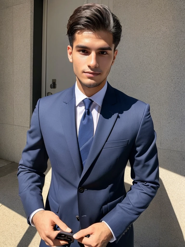22-year-old Brazilian man in a suit with his hand in his pocket, short hair without beard, no quarto selfie 🤳🏽 realista, and great quality