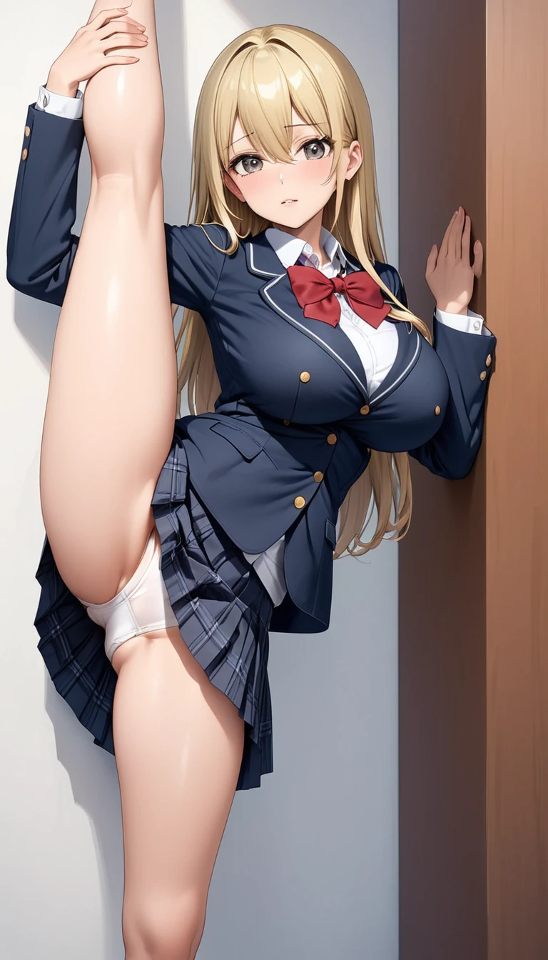 (Highest quality、Masterpiece、Very detailed、4K)、One Woman、、Big Breasts、(school uniform)、skirt、blazer、(standing split)