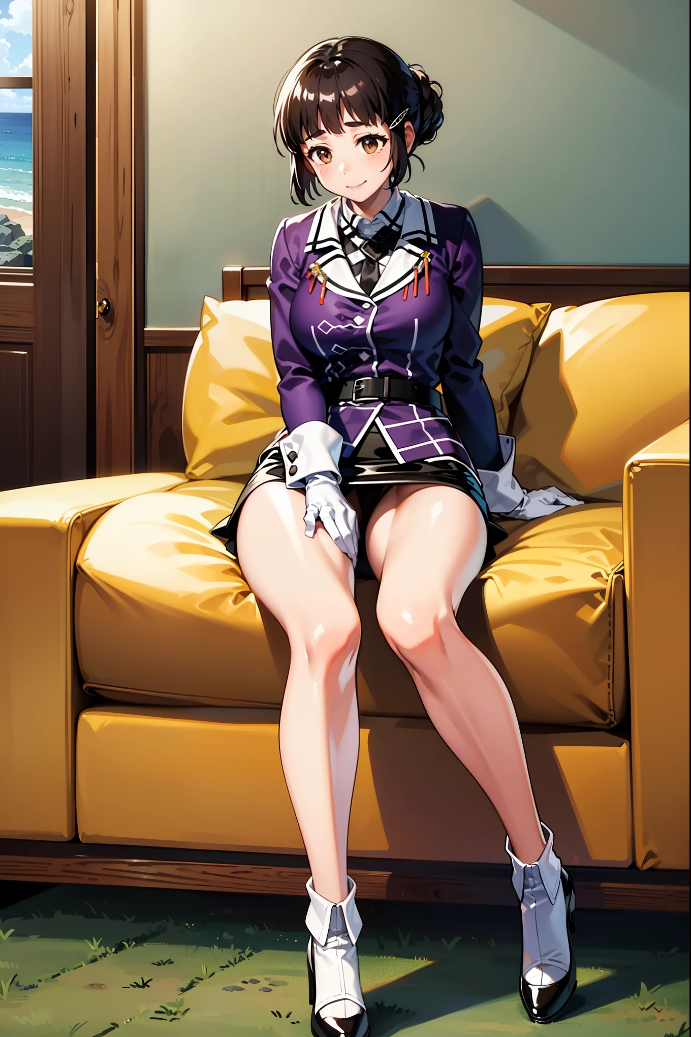 scratch \(Kantai Collection\), Long Hair, Brown Hair, Brown eyes, hair ornaments, clothing : uniform, Purple Jacket, Black tie, White gloves, Black belt, Black Skirt, mini skirt, Pencil Skirt, White Pantyhose, Grey shoes, High heels,
Blake Smile, shy, Blushing your nose, (Heart Hands, Put your own hands together:1)
destroy a masterpiece, Highest quality, High resolution, 8k, Official Art, Very detailedな, Super Resolution, Very detailed and beautiful, Very detailed, Amazing detail, Very detailed美しい女の子, Very detailed顔, Very detailed目, Very detailed肌, Very detailed指, Very detailed鼻, Very knowledgeable mouth, Perfect anatomy break full body shot, Opposition, On the Sea, On the water, bright, scenery, Very detailed CG unity 16k, Highly detailed 16K CG wallpaper,(Spread your legs),(Panty shot)(indoor, office, living room),