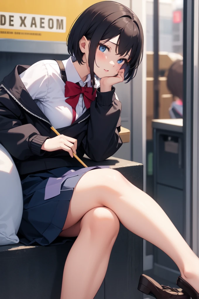 girl wearing high school unifrom with cute short hair. Use the golden ration, good viewing angle
