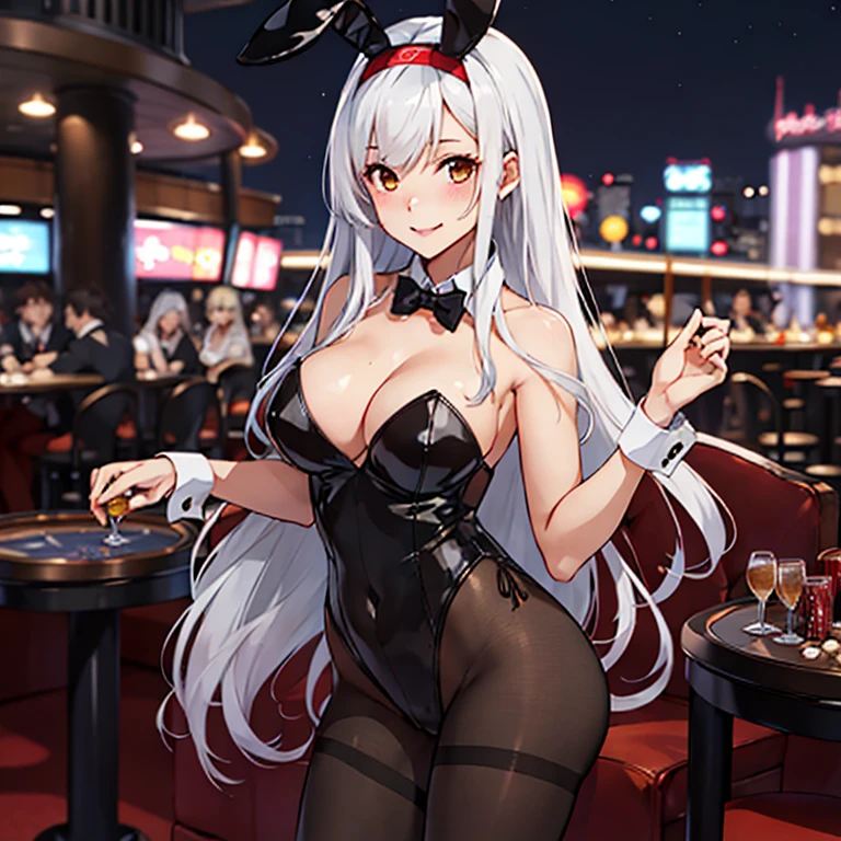 shoukaku_kantaicollection,ong_hair, hairband, white_hair, brown_eyes, smile, headband,KonishiCSA, 1 girl, solo, (playboy bunny costume:1.3), black pantyhose, VIP lounge in casino