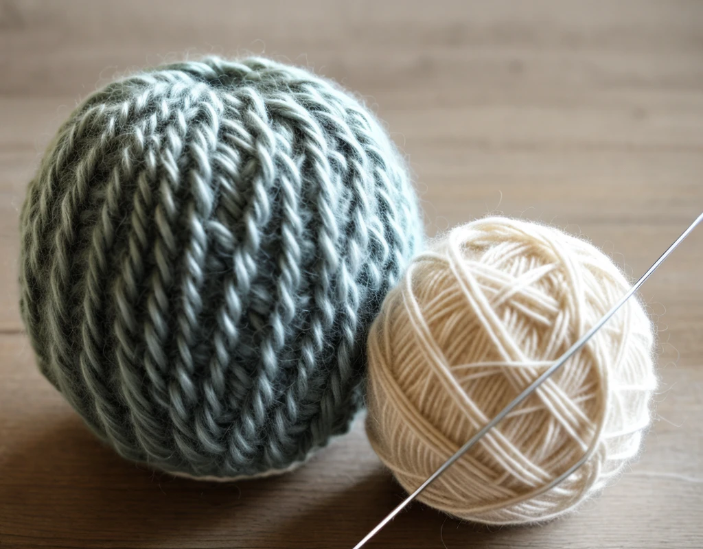 A ball of knitted yarn and two silver needle sticks