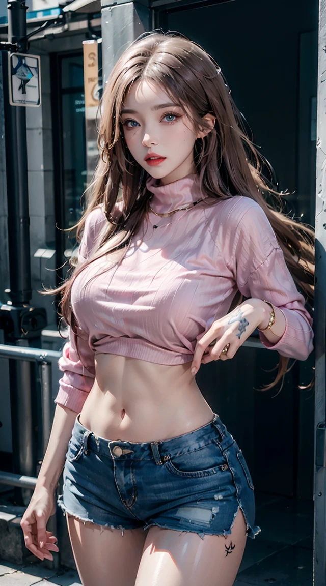 Reality, high resolution, 1 female, Shiny skin, Solitary, Tattoo, Jewelry, Pink lips, Long hair, blue eyes, Shut up, Hips up, sweater, shorts
