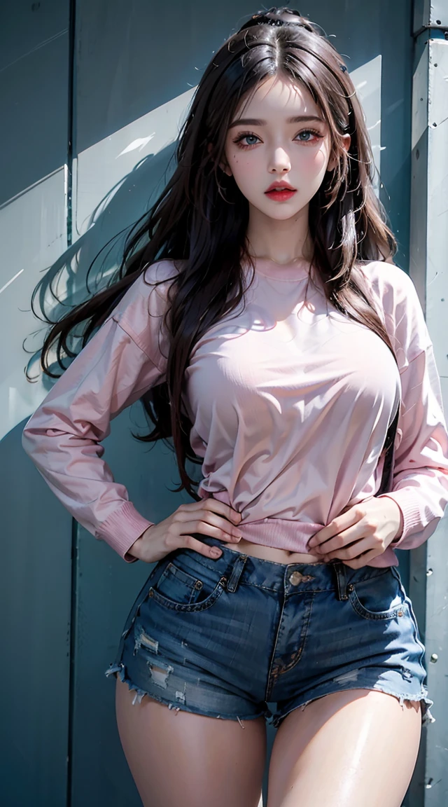 Reality, high resolution, 1 female, Shiny skin, Solitary, Tattoo, Jewelry, Pink lips, Long hair, blue eyes, Shut up, Hips up, sweater, shorts
