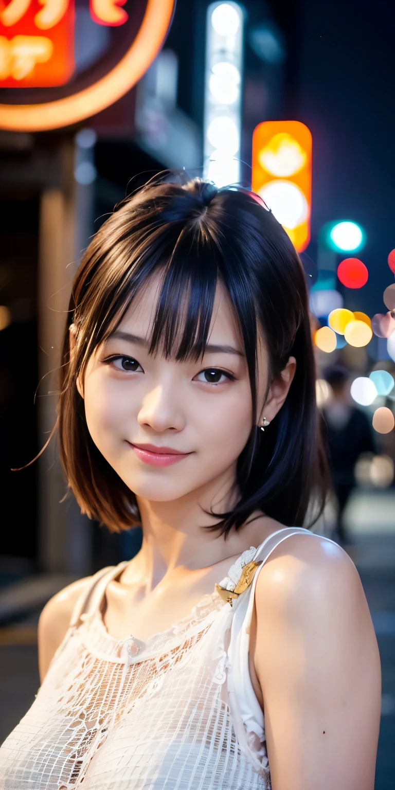 1 girl, Tokyo Street,night, Streetscape,City lights,Upper Body,close,smile,, (8k, RAW Photos, Highest quality, masterpiece:1.2),(Realistic, photo-Realistic:1.37),
