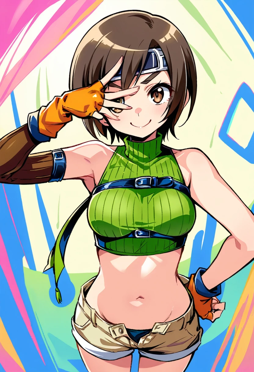 score_9, score_8_up, score_7_up,,BREAK , top angle:1.3.,mediumshot,(Standing pose),soro focus,1girl, yuffie kisaragi, final fantasy, short hair,headband,navel,sleeveless,turtleneck,brown eyes,sleeveless turtleneck,solo,breasts,looking at viewer,smile,gloves,crop top,brown hair,shorts,midriff,,sweater,open fly,armor,fingerless gloves,ribbed sweater,medium breasts,,smile,smug,best quality,aesthetic,very aesthetic,masterpiece,high-resolution,  (Proportion).,lefthand v-over eye,lighthand selfie
