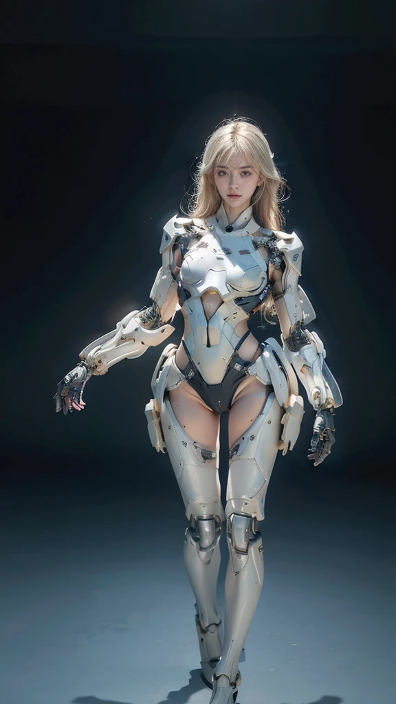 best quality, 1080P, Masterpiece, Whole body photo, Ultra high resolution, photorealistic photo, ultra realism, Realistic skin texture, Light blonde hair, Extreme skin detail, dslr, Detailed eyes, Facing the camera, very beautiful face, Concise facial structure, Pale skin, Realistic skin texture, Extreme skin detail, oc render reflection textures, Realistic light and shadow, Single picture, alone, The body is slim and balanced., Age 20, Height 170, naked girl, NUDE, no underwear, A girl with the body of a mechanical robot., Transparent futuristic black glass mech armor suit, The mechanical cervix is attached to the neck., flat stomach, Woman with perfect mechanical arms and legs, full body view, Whole body photo,