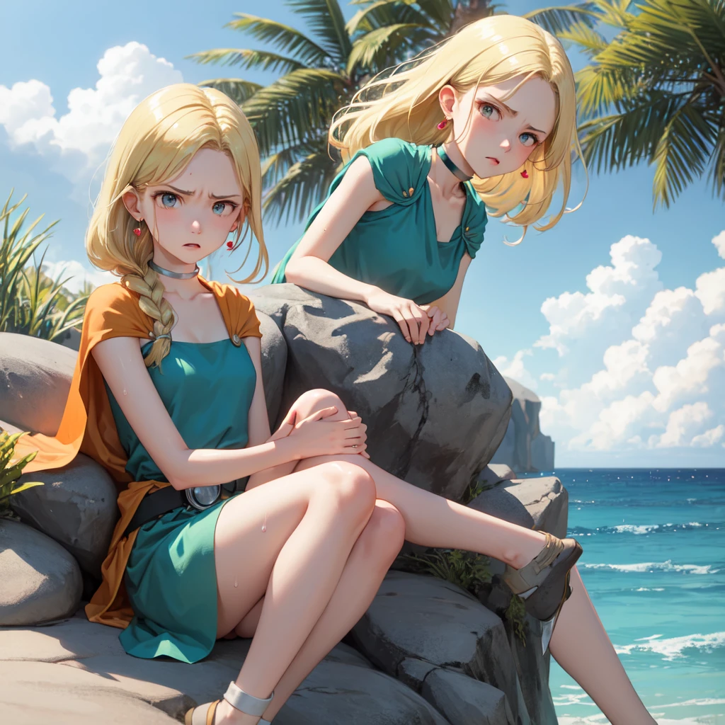 masterpiece, Highest quality, DQ Bianca, Single Blade, Earrings, choker, Orange Cape, Green Dress, belt, Small breasts, Sitting, Upper Body, Leg spread, Chest, Turn your body forward, hot, Sweating a lot, Wipe away sweat, looking at the camera, Ocean辺, Ocean, angry