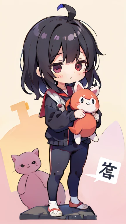 Kokeshi Primary school students Young Girl Height: 130cm Standing picture Simple design Black hair okata Hair is black Red eyes Shoulder-baring ahoge Kokeshi Deformation Mini character Confused eyes Pitch Resuit Perfect fitスーツ Perfect fit Yoga Suit