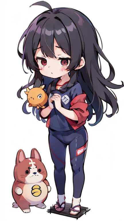 Kokeshi Primary school students Young Girl Height: 130cm Standing picture Simple design Black hair okata Hair is black Red eyes Shoulder-baring ahoge Kokeshi Deformation Mini character Confused eyes Pitch Resuit Perfect fitスーツ Perfect fit Yoga Suit