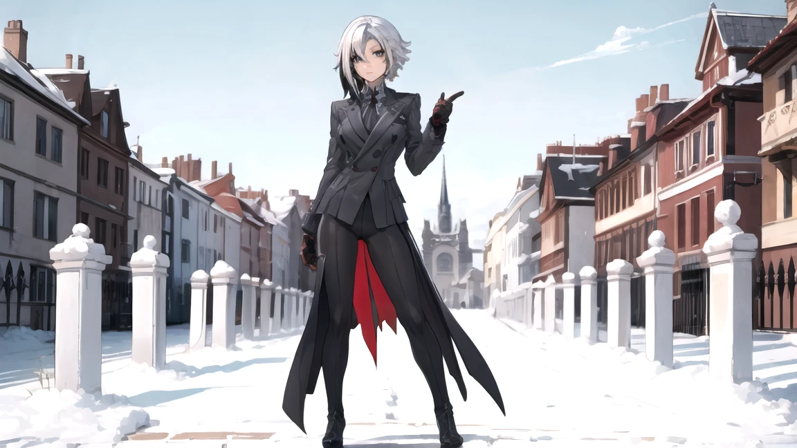 thick outlines, comics, photorealistic, perfect hands, masterpiece:1.2, beautiful figure, red crosses instead of pupils, full length (full body 1.1), кафедральный cathedral, Dark, Gothic, detailed background, snow, cathedral, 1 girl, One, White hair, black hair, multicolored hair, X-shaped pupils, black eyes, Arles_suit, , detailed background, detailed face, detailed eyes,