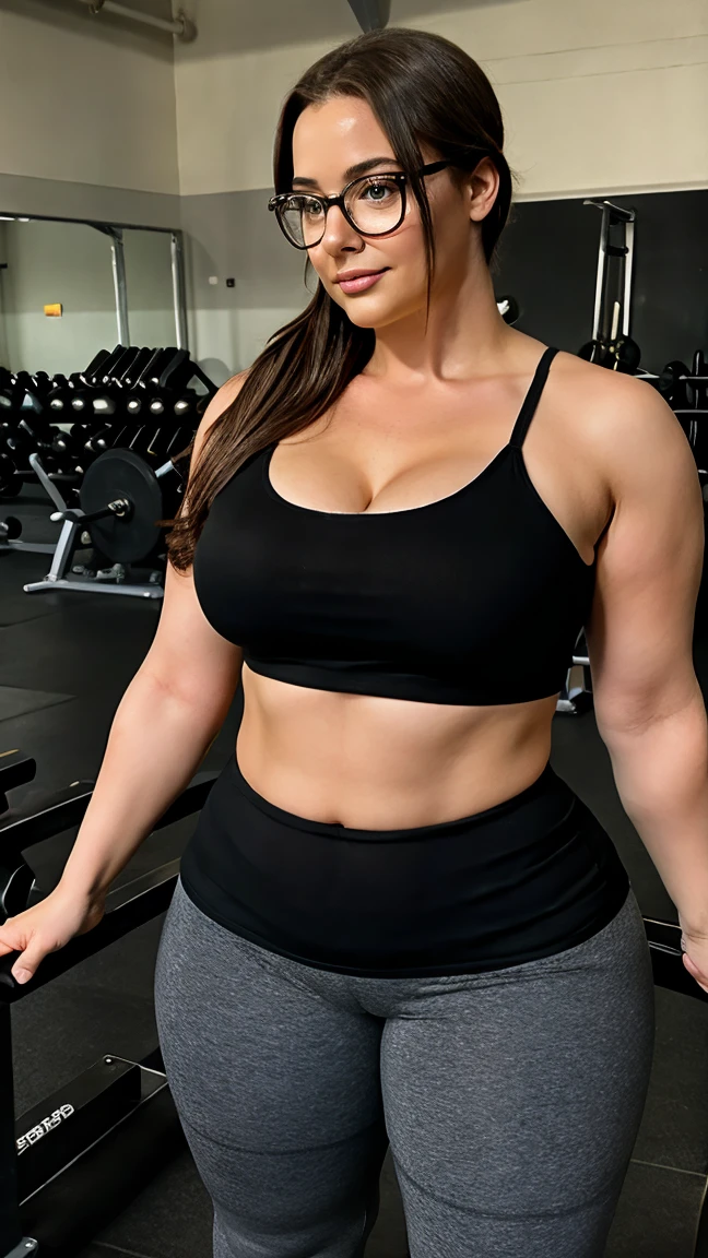 Plus size woman in lifting bumbells  gym, wearing glasses
