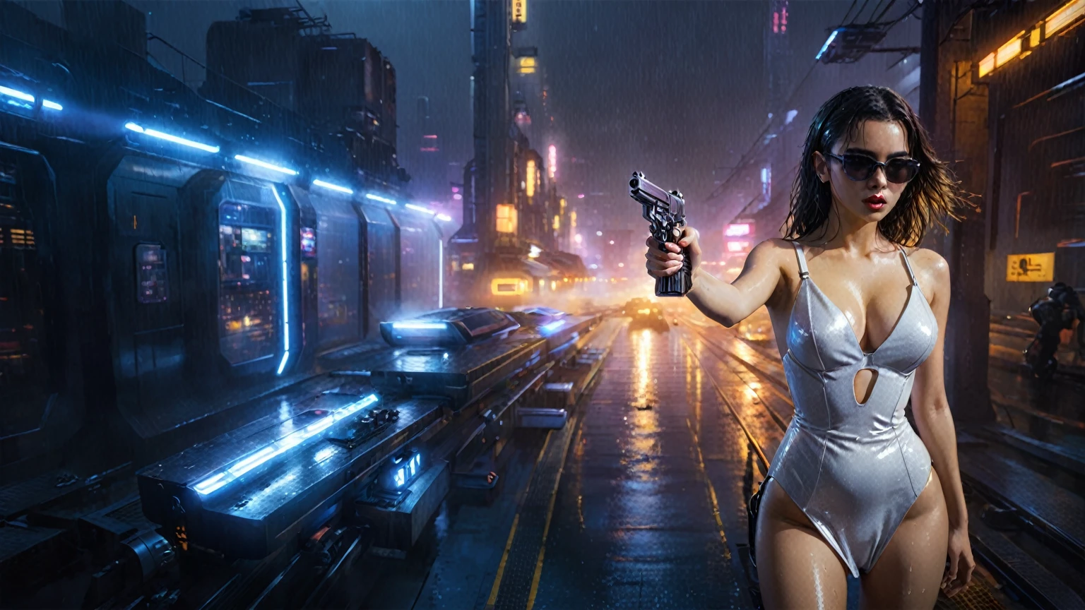 (((aerial view))), (flying cars docking platform), Blade Runner style futuristic railway platform, neon lights, rainy night. (1girl, solo, alone), large-breast:1.2 slim body, cleavage:1.1, sexy wind blowing wet dress:1.4, headphone, (black sunglasses), (((she raised a pistol:1.8 and shot:1.8 the viewer))), dynamic pose, (((half-body thigh level medium shot))), cinematic lighting, lens flare, ray tracing, zoom-in blurred:1.4 background.