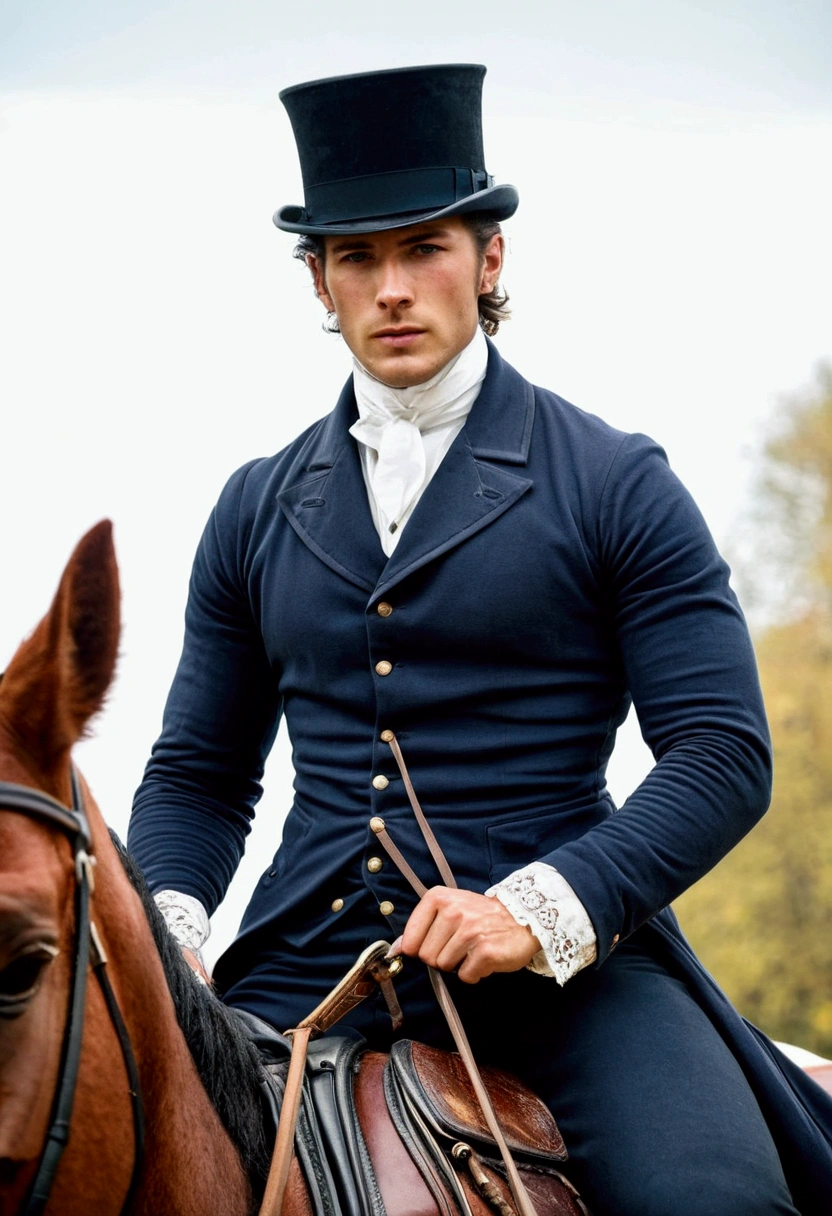 Handsome and masculine Austrian man from the Victorian era, 27 years old, riding a horse, athletic and robustly built, with penetrating gaze.