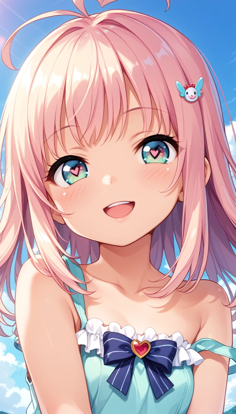 1girl, tiny girl, young girl, mesugaki, mesugaki smile, Teasing, naughty looks, heart eyes, A girl who puts her own Clenched fist to her own head:1.3, A girl banging her own head, tidy, Focus on the girl, glossy skin, oily skin, Close-up of the face, Masterpiece:2, Top Quality, high Quality, Very Detailed, ultra High Resolution, super High Resolution, Beautiful Detail, Dynamic angles, perfect lighting, 8k, Animation Style, cartoon style, game cg, sfw,
